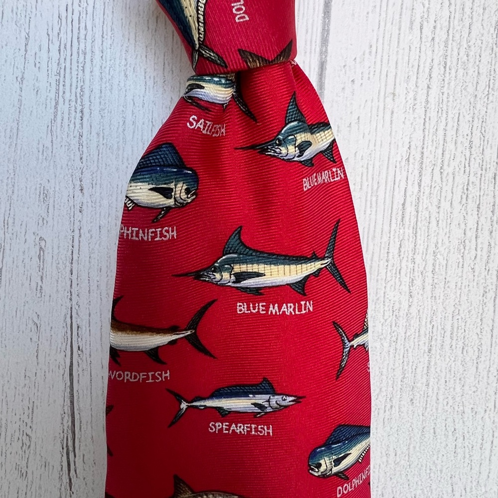 ALYNN NECKWEAR (2) 100% Silk Red NeckTies Fishing Tie Saltwater 3.5x60 VTG USA - Picture 15 of 16
